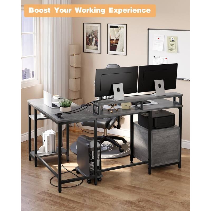 67" L Shaped Computer Desk with Power Outlet