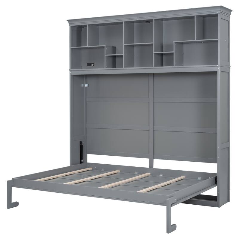 Queen Size Murphy Bed Wall Bed with Top Shelves, USB Ports & No Box Spring Needed - Space-Saving Design for Multi-Use Rooms
