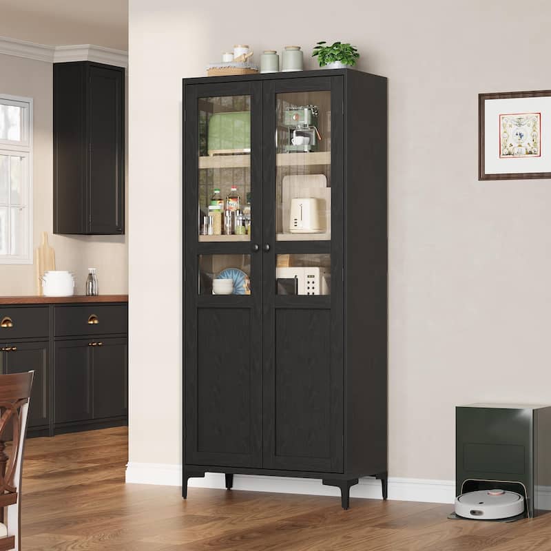 Tall Storage Cabinet,2 Glass Doors, Kitchen Pantry 5 Tier Bathroom Cabinet