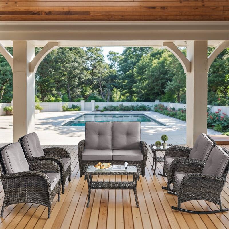 Outdoor Rattan Glider Sofa,Patio Chair, Rocking Chair with Table - Grey - Brown