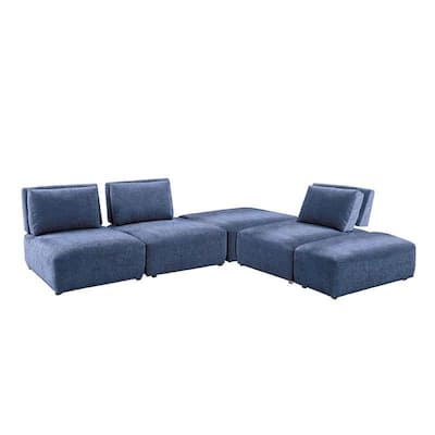 Stavan Modular L Sectional Sofa Set, Blue Chenille, Adjustable Backs