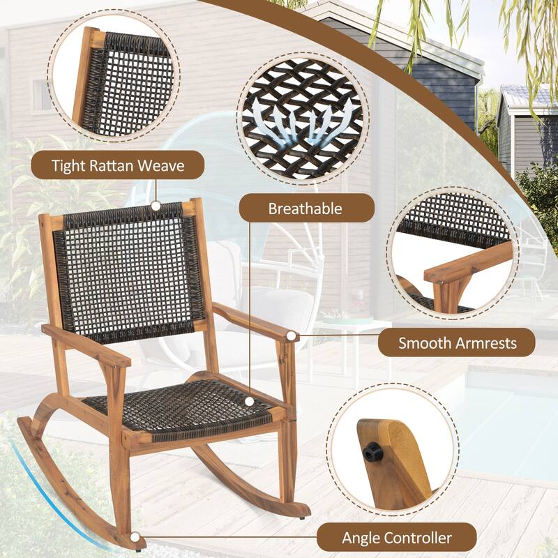 2-Piece Outdoor Acacia Wood Rocking Chair Set with Wicker Rattan Seat & Backrest