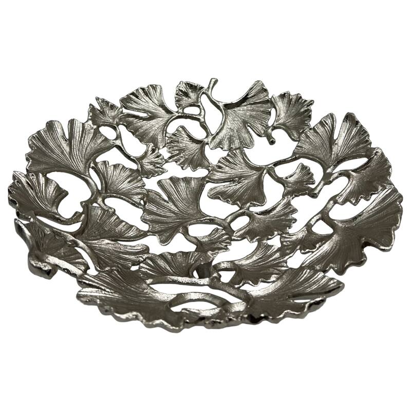 15 Inch Wide Decorative Handmade Aluminum Ginkgo Leaf Bowl - 14.5 x 14.5 x 4 in - Nickel
