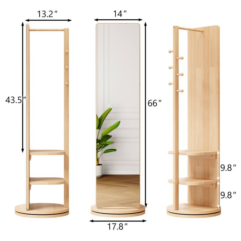 360 Rotating 66" Multifunctional Full Length Mirror with Hook Storage Rack Coat Rack For Bedroom Living Room