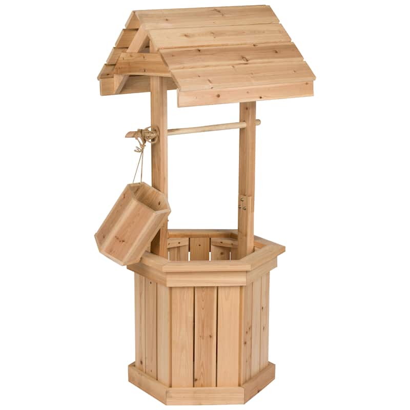 Outdoor Decorative Wooden Wishing Well Flower Planter with Bucket - Cedar - Natural
