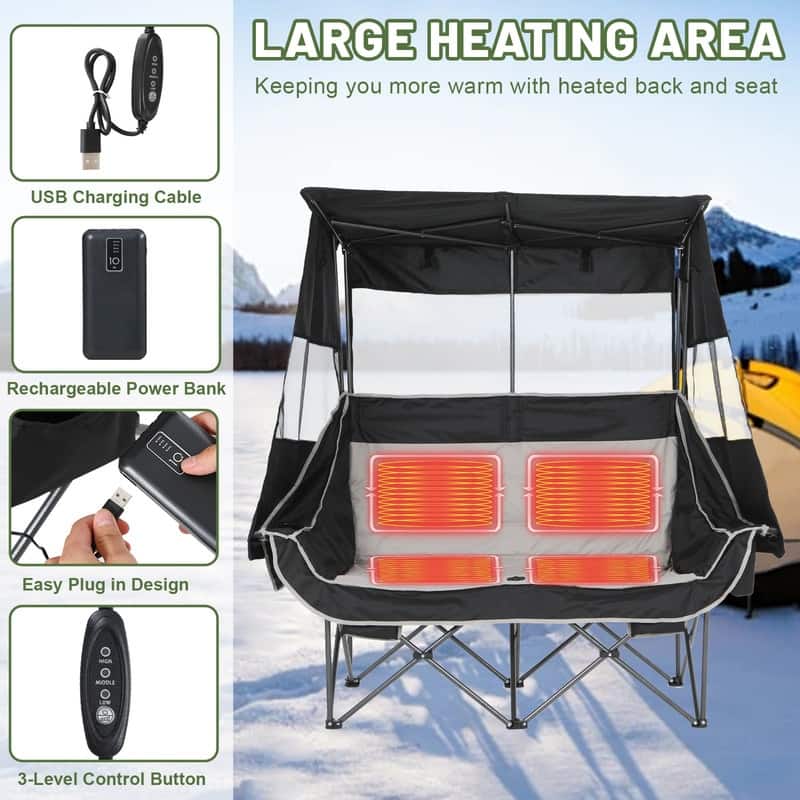 Double Folding Camping Loveseat with Canopy, Cooler, Cup Holders & Storage for Outdoor Activities