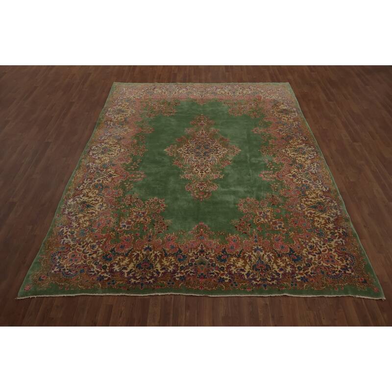 Hand Knotted Oriental 100% Wool Carpet Traditional Floral Green Kerman Area Rug - 11' 9'' X 8' 6''
