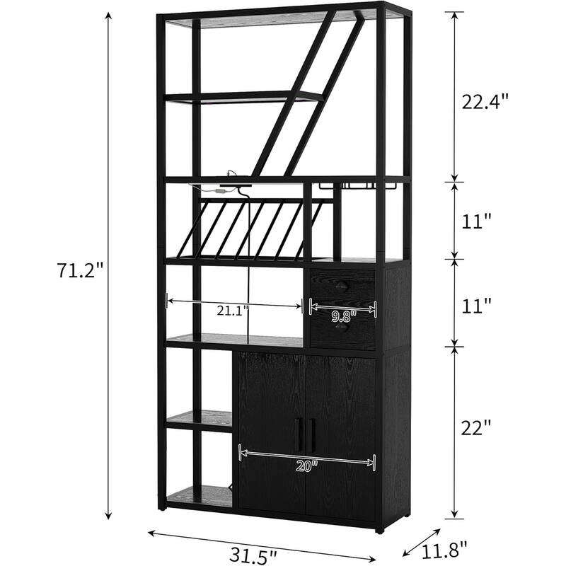 Farmhouse Bar Cabinet with Wine Rack,Bakers Rack with Power Outlet and LED Light