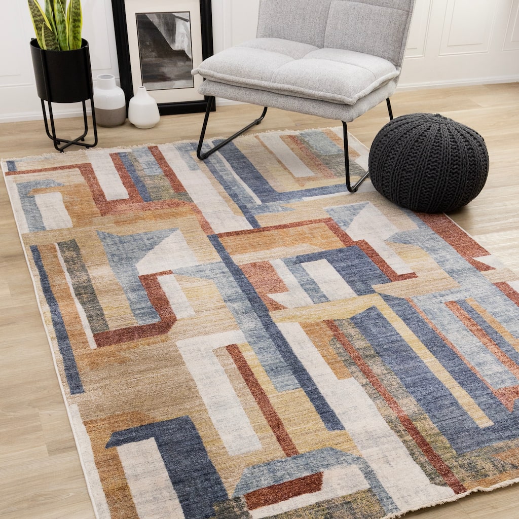 Melinda Orange Blue Red Yellow Abstract Area Rug, 5'3" x 7'10"