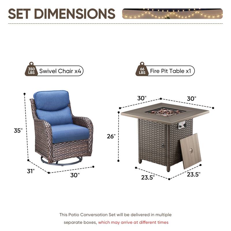 Pocassy Outdoor Propane Fire Pit Table with Sofa Swivel Chair Funiture Set.