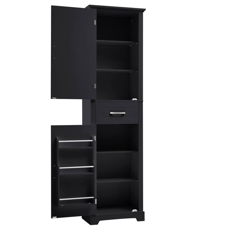 Roomfitters 63" Tall Bathroom Storage Cabinet, Freestanding Linen Tower with Door-Mounted Shelves and Drawer, Black
