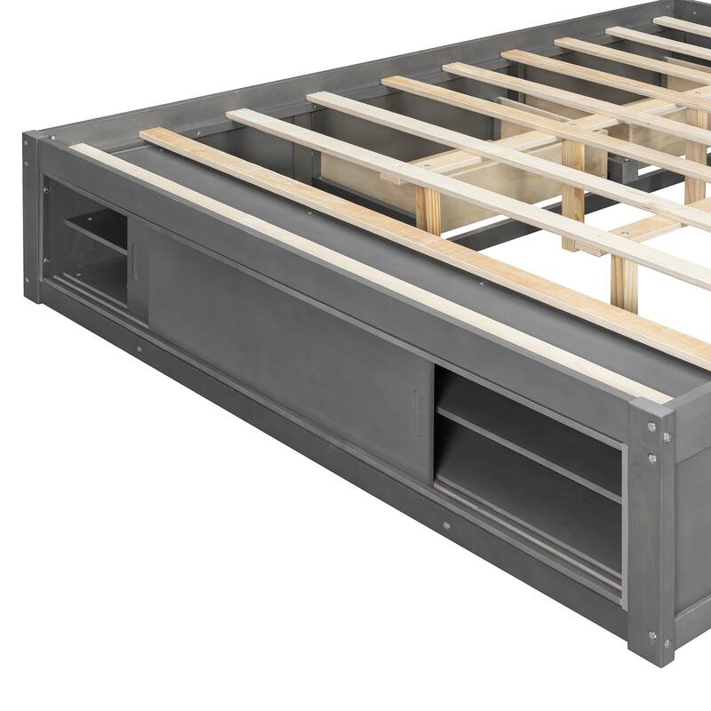 Queen Size Platform Bed Open Frame with Footboard Storage and 4 Drawers