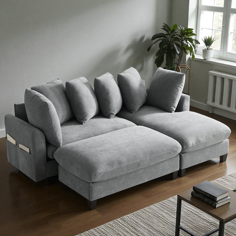 83" L-Shaped Sectional Sofa with Storage Seats Movable Ottoman Curved Armrests Chenille Couch with 6 Pillows - Grey