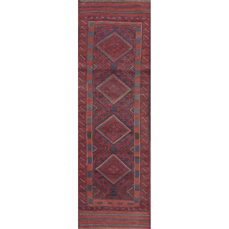 Hand Knotted Oriental 100% Wool Carpet Traditional Tribal Navy Blue & Blues Balouch Runner Rug - 7' 10'' X 1' 11''