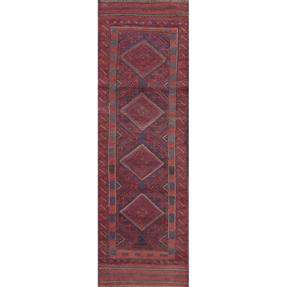 Hand Knotted Oriental 100% Wool Carpet Traditional Tribal Navy Blue & Blues Balouch Runner Rug - 7' 10'' X 1' 11''