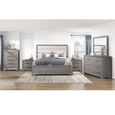 Contemporary Aesthetic Bedroom Furniture Set 6pcs Bed Dresser Mirror Nightstands Chest Gray