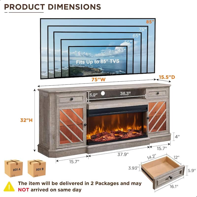 Farmhouse TV Stand with 3-Sided Fireplace, Entertainment Center