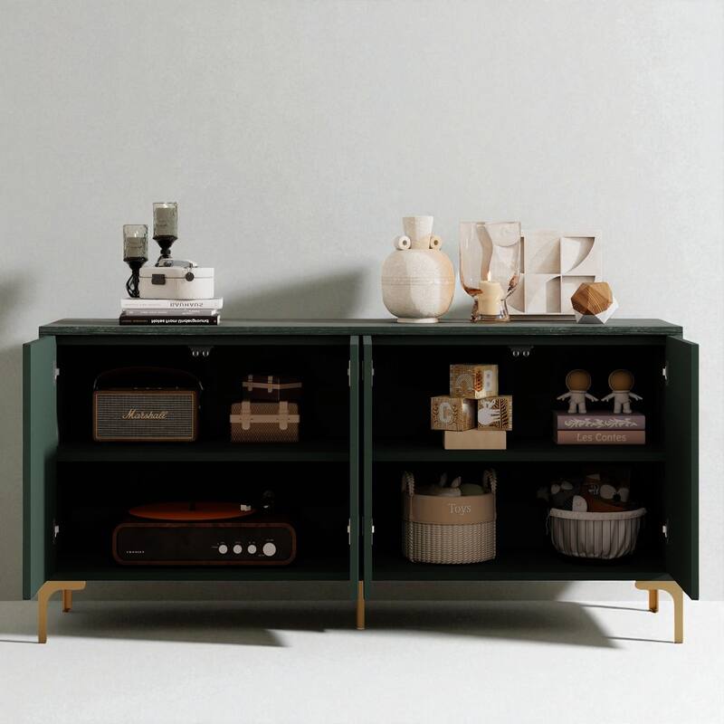 Modern 4-Door Wood Sideboard with Carved Panels, Push-to-Open Doors, Adjustable Shelves and Metal Legs