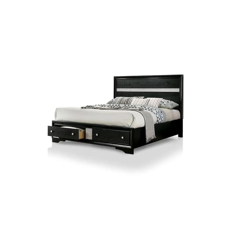 Queen Size Rubber Wood Panel Bed with Storage Drawers and Silver Accent Headboard