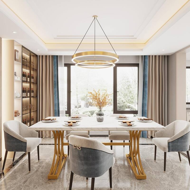 63" Rectangular Dining Table, Modern Kitchen Table with Faux Marble Top for Dining Room