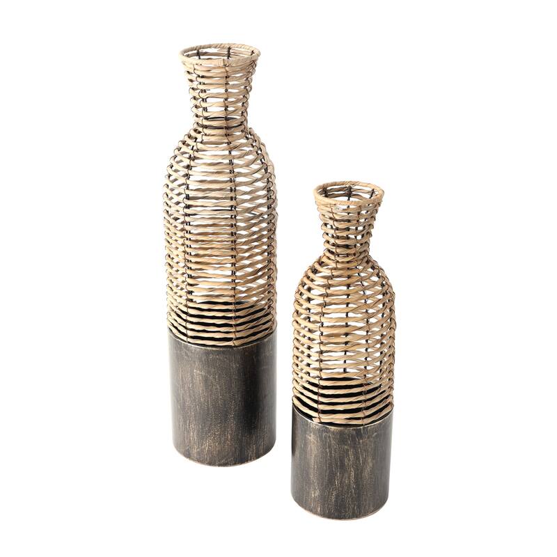 Light Brown Plastic Rattan Handmade Open Framed Decorative Vase with Bronze Metal Bases (Set of 2)