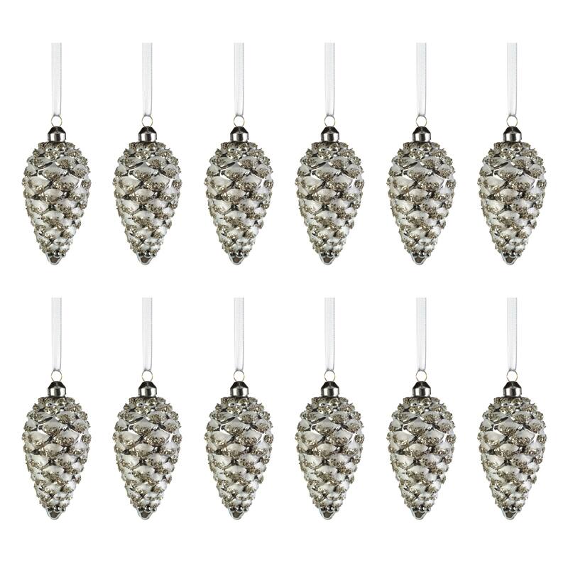 Wolly Glass Pine Cone Hanging Ornaments, Set of 12 - 4.75"