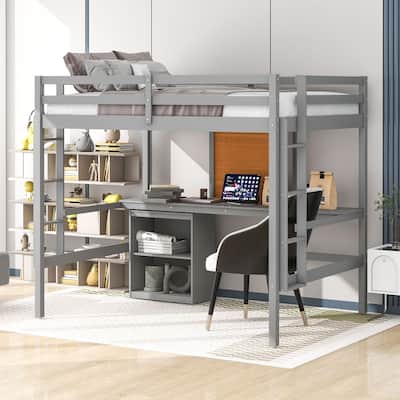 Full size Loft Bed with Desk and Writing Board, Wooden Loft Bed with Desk & 2 Drawers Cabinet- Gray