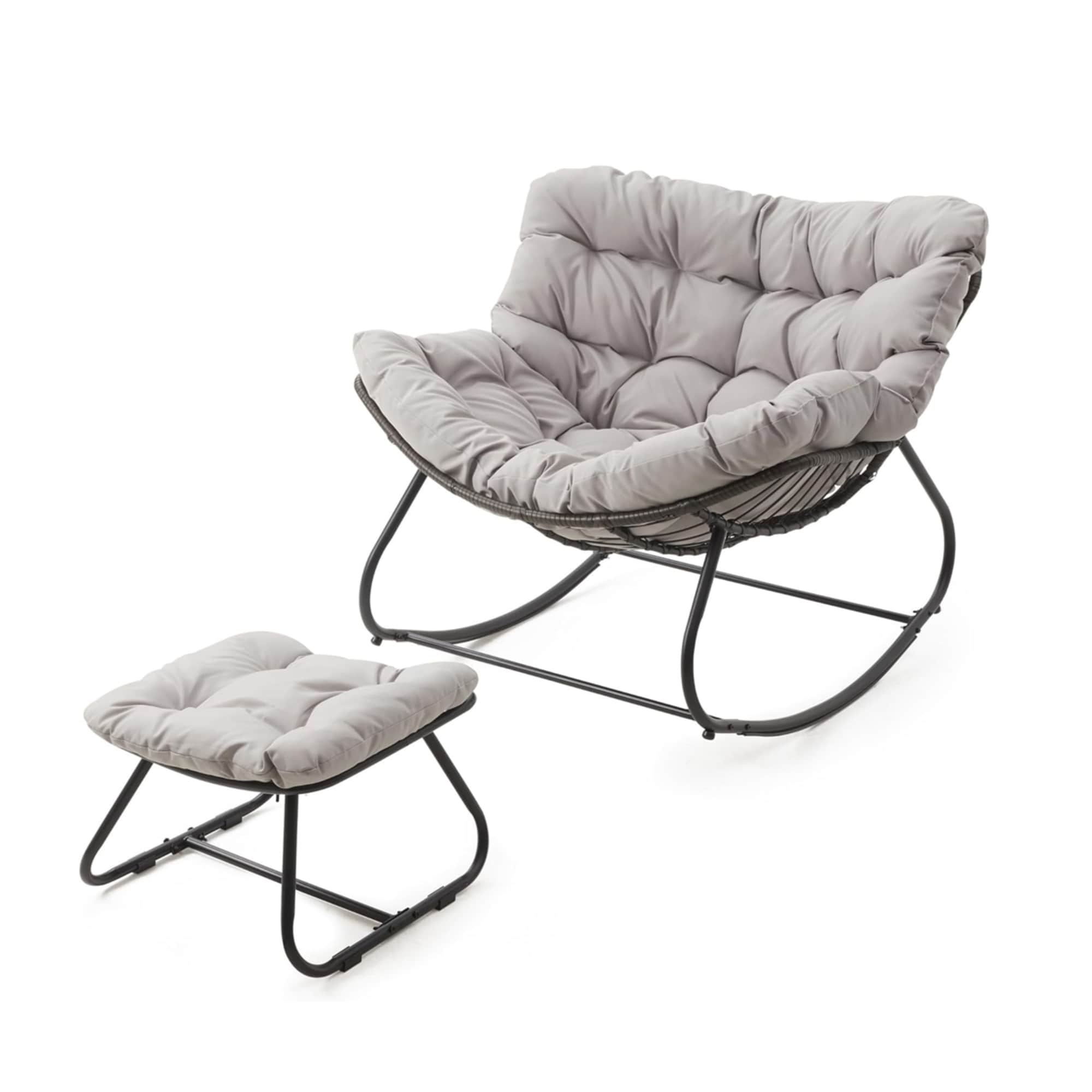 Light Gray Egg Rocking Chair with Ottoman, Wicker Lounge