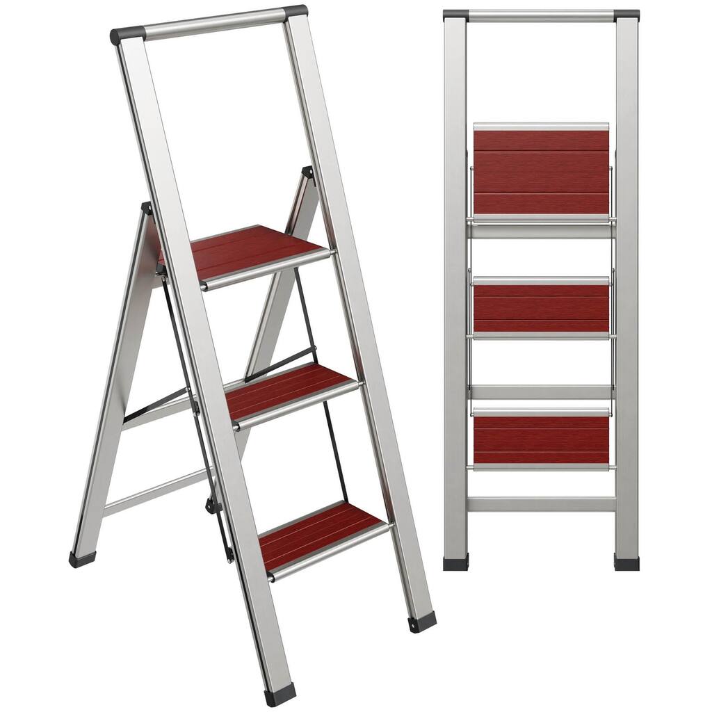 Step Ladder 3 Step Folding, Decorative - Beautiful Mahogany & Silver Aluminum, Ultra Slim Profile, Anti Slip Steps