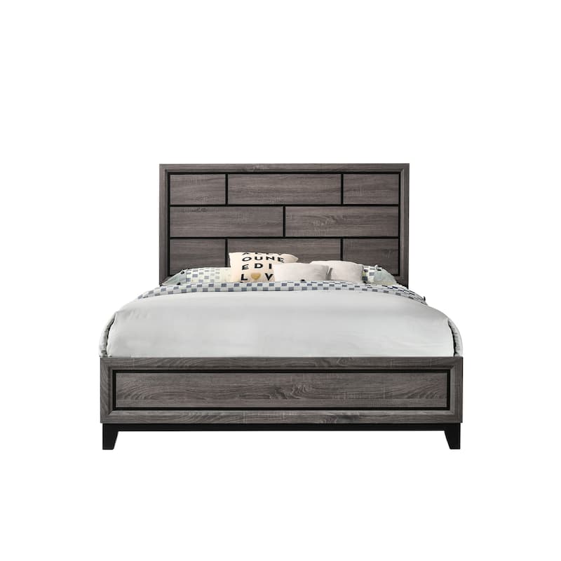 Queen Size Wood Contemporary Platform Bed with Geometric Headboard