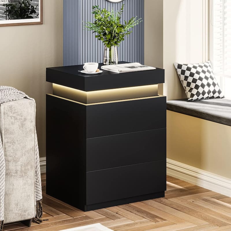 Bedroom Nightstand Charging Station LED Lights Sliding Top 3 Drawers