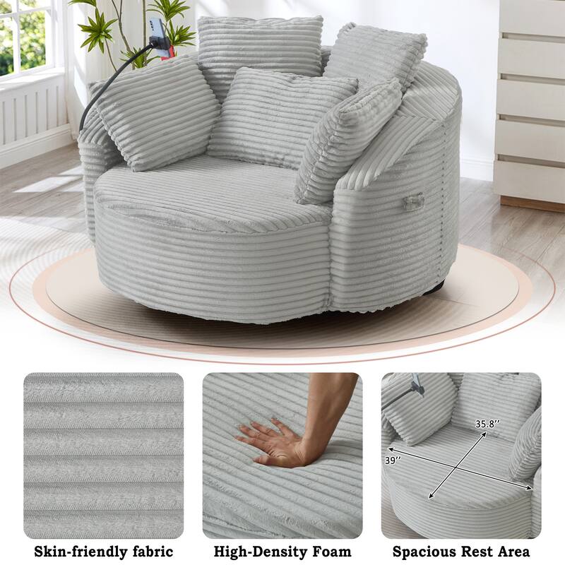 Roomfitters 360 Swivel Barrel Accent Chair with Adjustable Phone Holder and 5 Throw Pillows, Corduroy