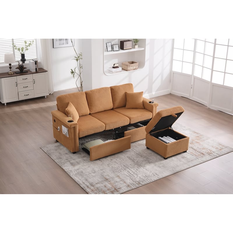 L-Shaped Sectional Sofa with Pull-Out Storage,Ottoman & Pillows 3-Seat with USB Charging,Cup Holder, Convertible Design