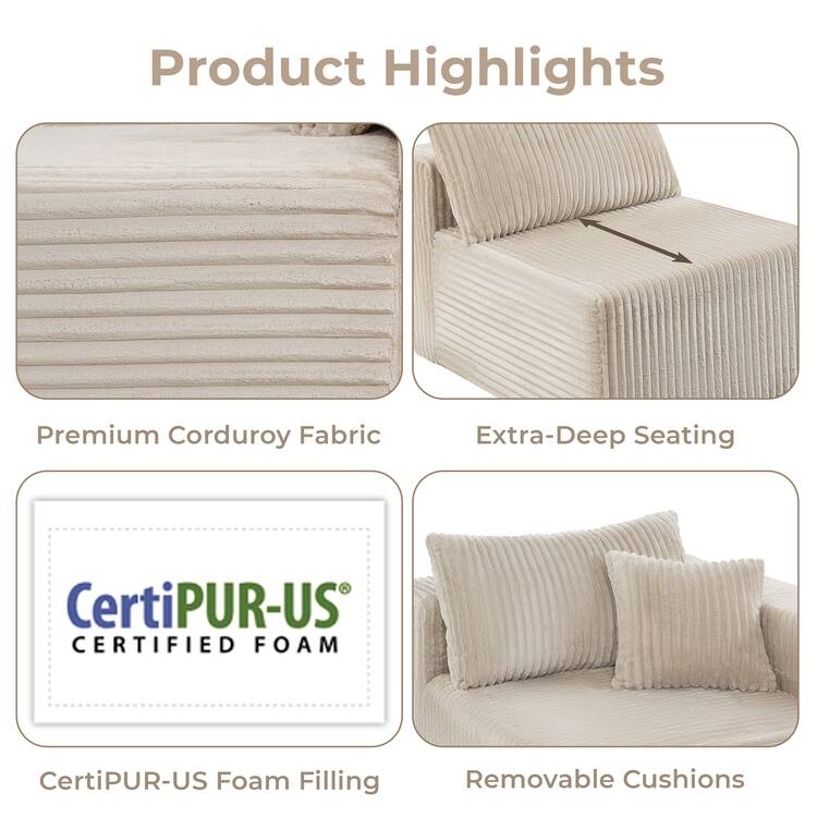 110" Modular Cloud Couch Sectional Sofa - Deep Seat Corduroy L-Shape Couch - Boneless Compressed Sofa