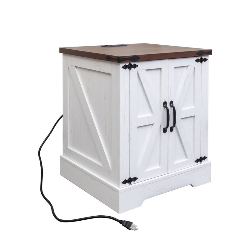 19.6" Rustic Grey End Table with 2‑AC + 2‑USB Charging, Barn‑Door & Adjustable Shelf
