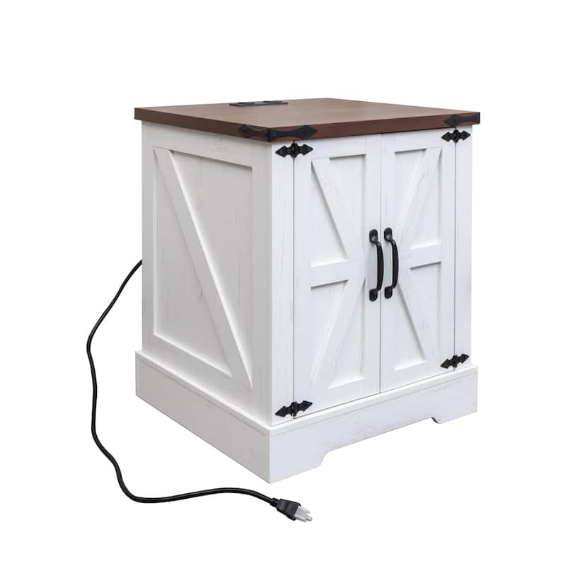 Roomfitters Walnut Farmhouse End Table with Charging Station, Rustic Sofa Side Table with Adjustable Shelf and Barn Doors