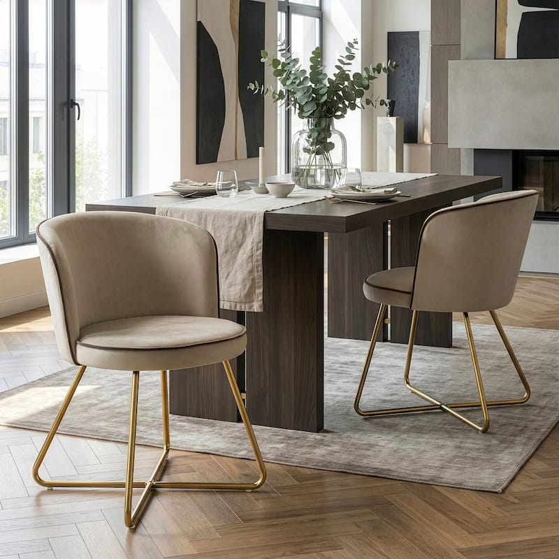 Set of 2 Anila Beige Velvet Dining Chair with Contrasting Piping