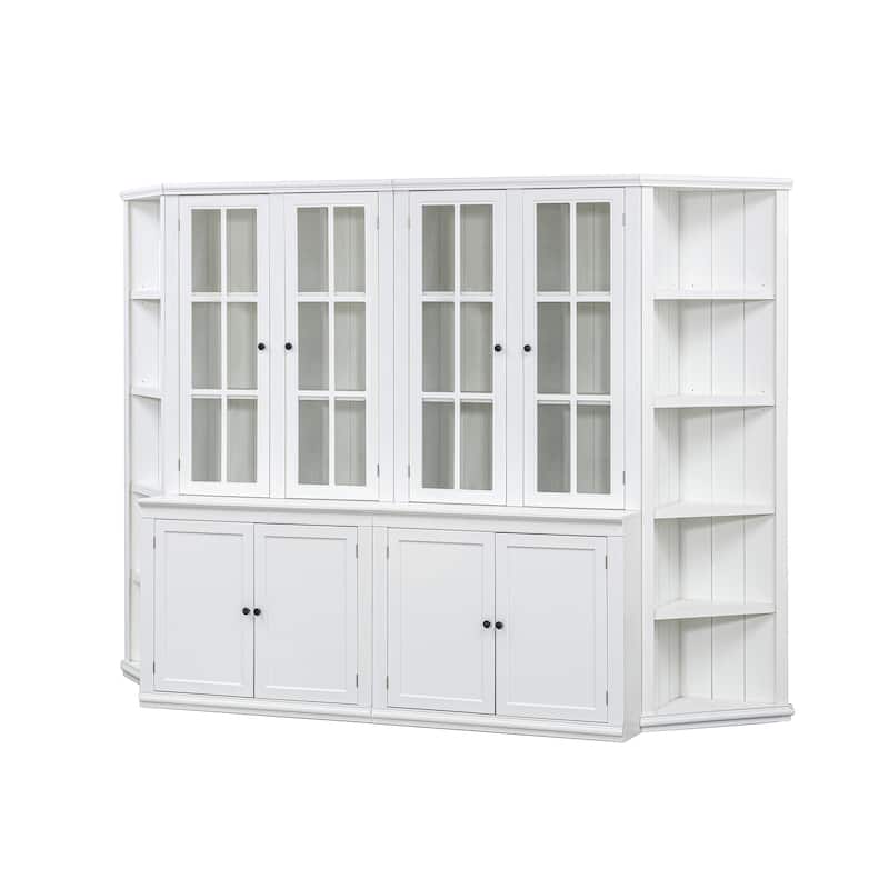 2x 75.25'' Tall Display Cabinets and Two Triangle Sided Bookshelves, 105.5'' Wide Retro Style Wall Suit with Glass Doors