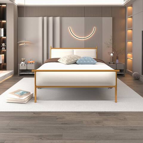 Queen Size Metal Frame, Solid Wood Ribs Bed with Steamed Bread Shaped Backrest