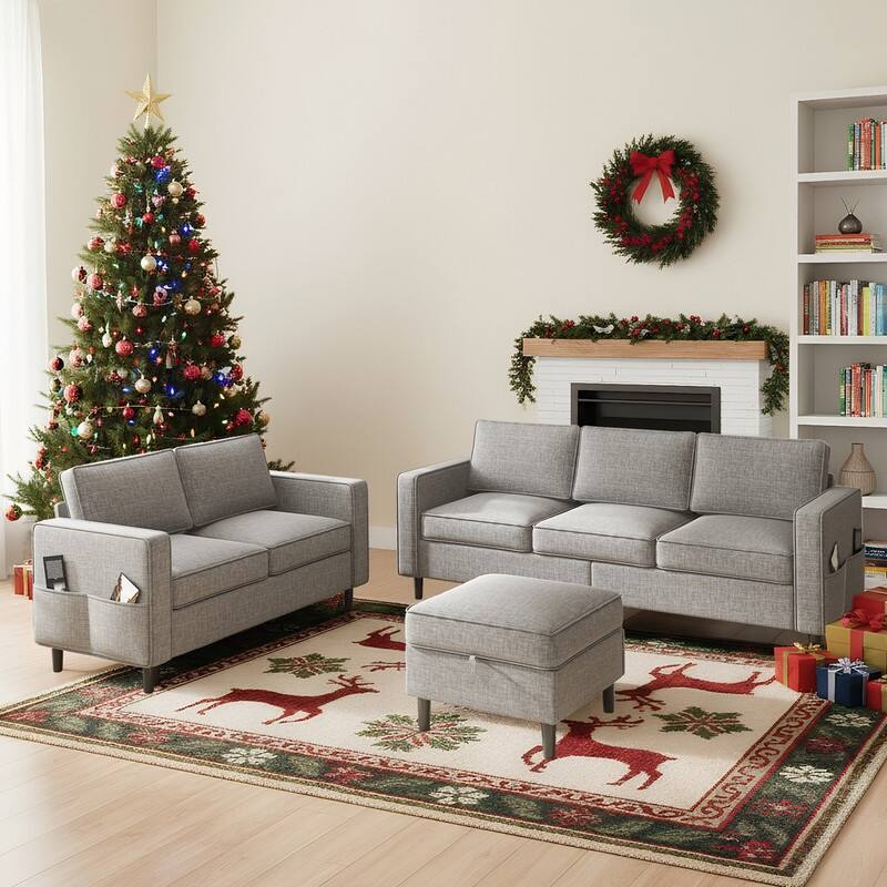 Mixoy Convertible Living Room Furniture Set-Single Sofa/Loveseat/3-Seat Sofa with Ottoman for DIY Combination - Light Grey-3+2 - Reversible