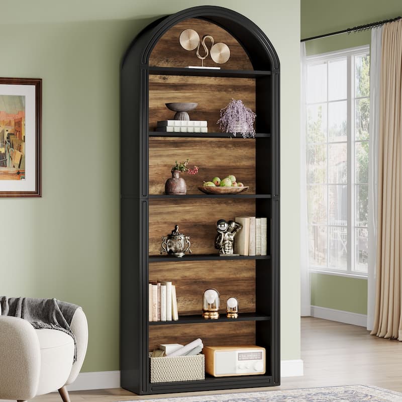 6-Tier Tall Arched Bookshelf for Living Room, Bedroom - 11.81"D x 31.5"W x 75.98"H - Black/Brown