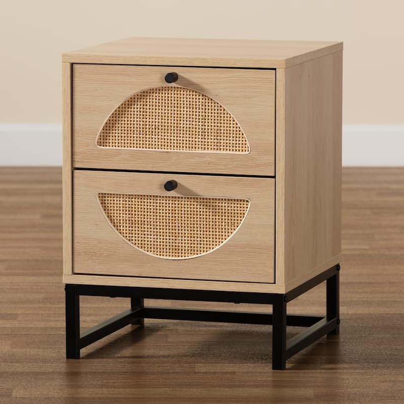 Baxton Studio Ardon Bohemian Light Brown Finished Wood and Black Metal 2-Drawer End Table with Natural Rattan