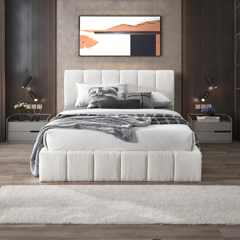 Pirgos Mid-Century Platform Bed - White Boucle - Queen