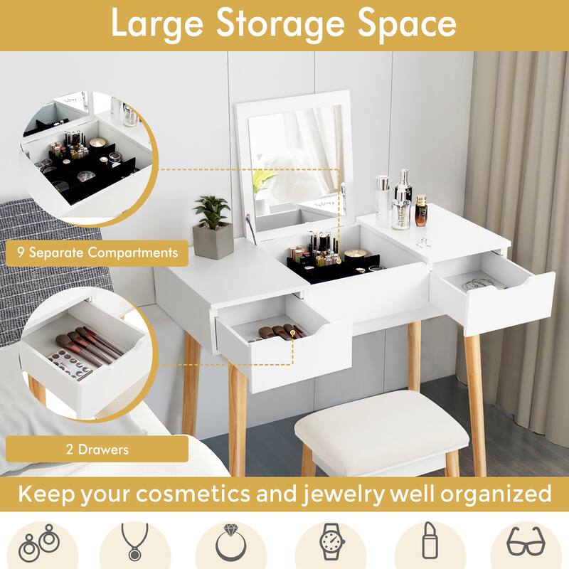Costway Vanity Table Set w/ Flip Top Mirror Drawers 9 Dividers Makeup