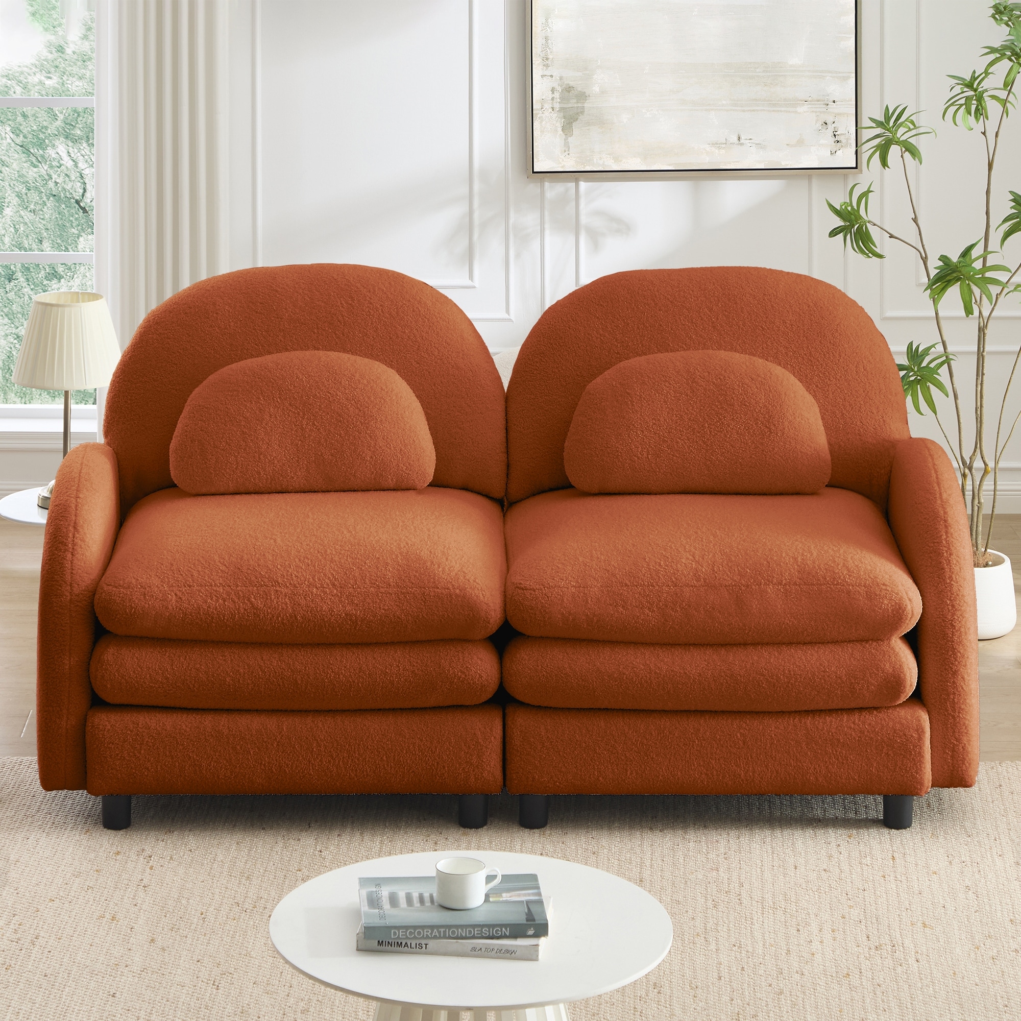 Loveseat Sofa Couch with Curved Backrest, Orange Modular 2 Seater Couch with Curved Lumbar Pillows & Armrest