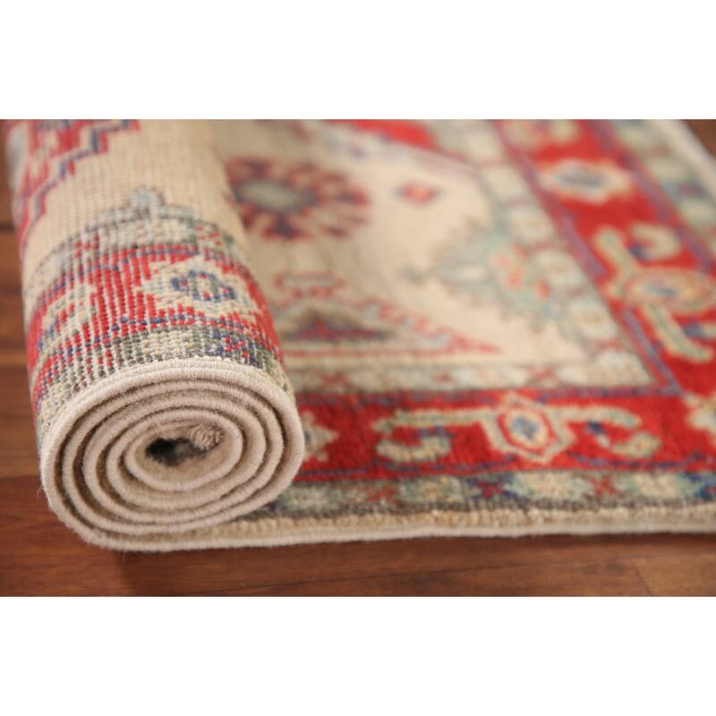 Kazak Accent Rug Hand-Knotted Geometric Beige Wool Carpet - 2'9" x 4'1"