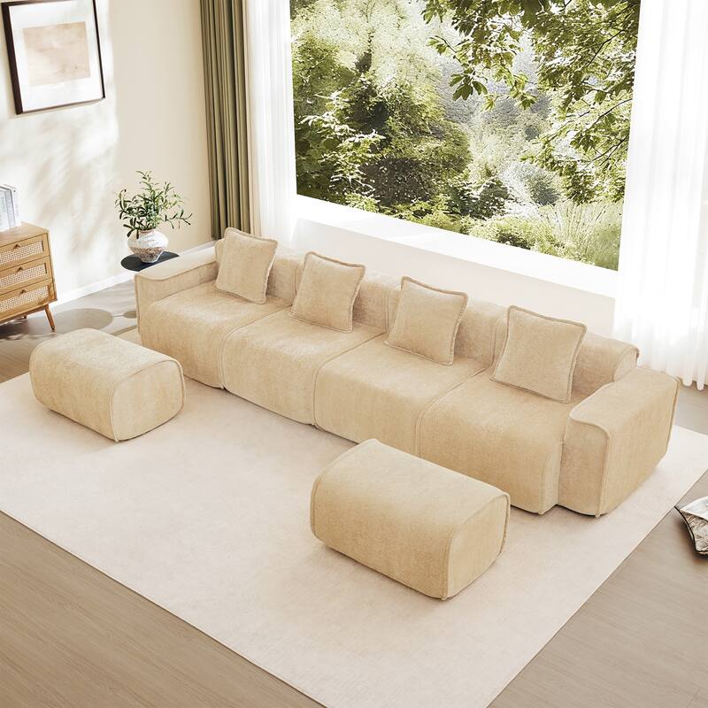 GDFStudio - Velvet Streamlined Modular 4-Seater 138.58" U-Shaped Sectional Sofa with 2 Ottomans