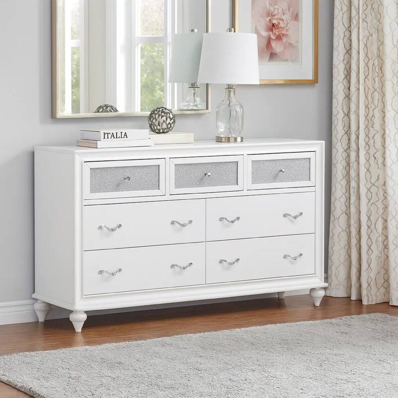Dresser with 7 Drawers and Glitter Acrylic Front, White