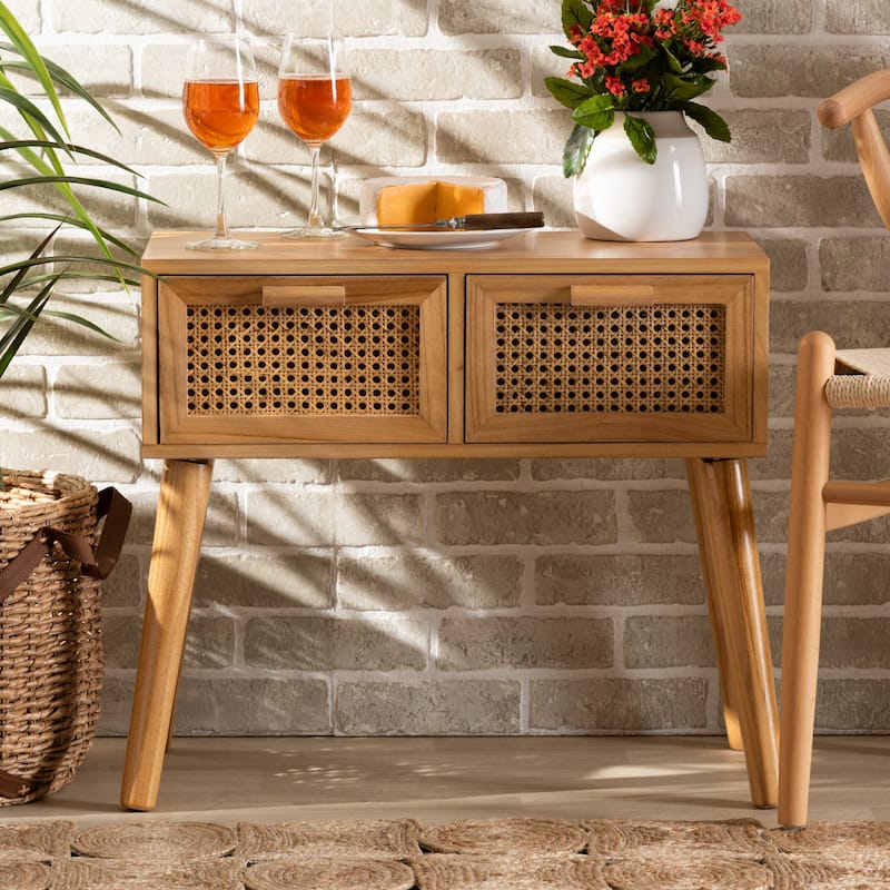 Falan Mid-Century Modern 2-Drawer Wood Console Table with Rattan-Oak