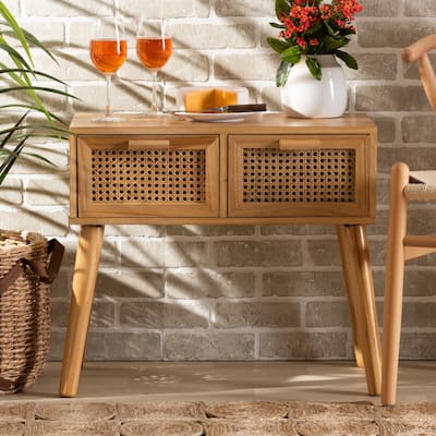 Falan Mid-Century Modern 2-Drawer Wood Console Table with Rattan-Oak